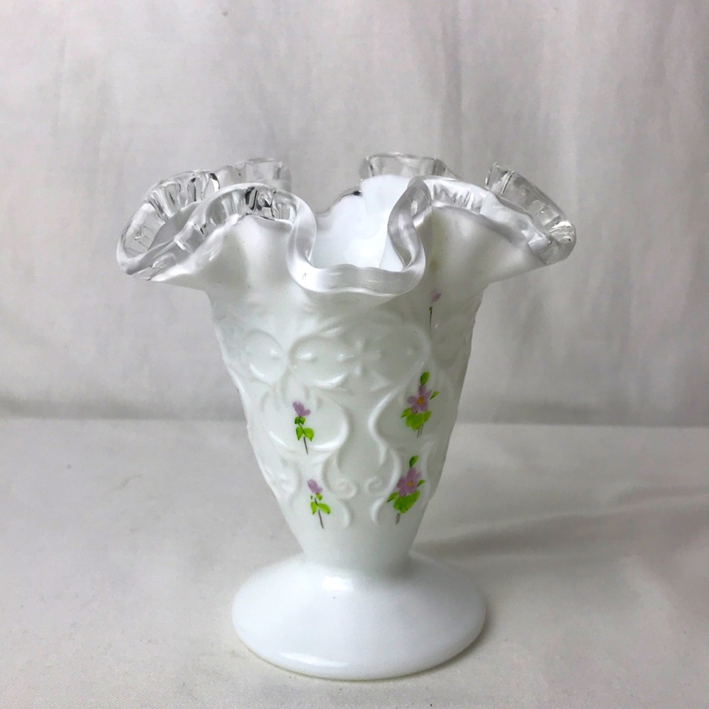 Fenton vintage silver crest violets hand painted by Debbie Owens white vase